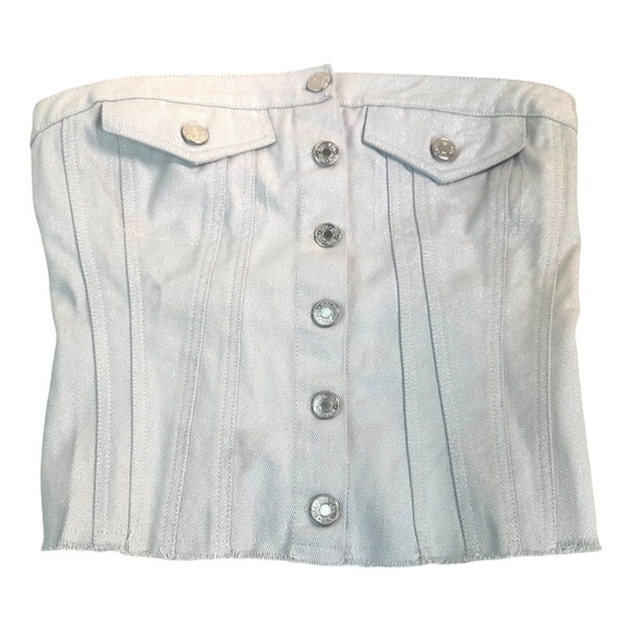 ZARA Women’s Strapless Button Front Corset Style Denim CroppedTop Sz:S SilverNWT - Picture 9 of 16